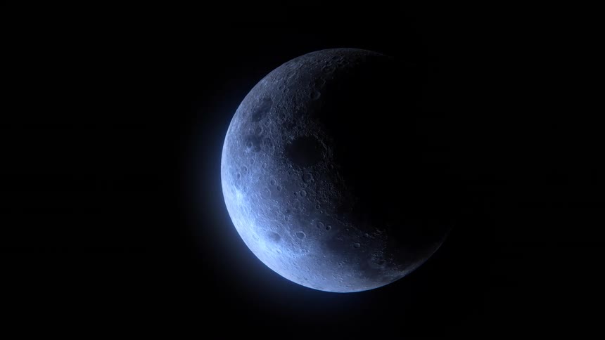 A blue hued crescent moon with a heavily cratered surface rotates slowly against a black background