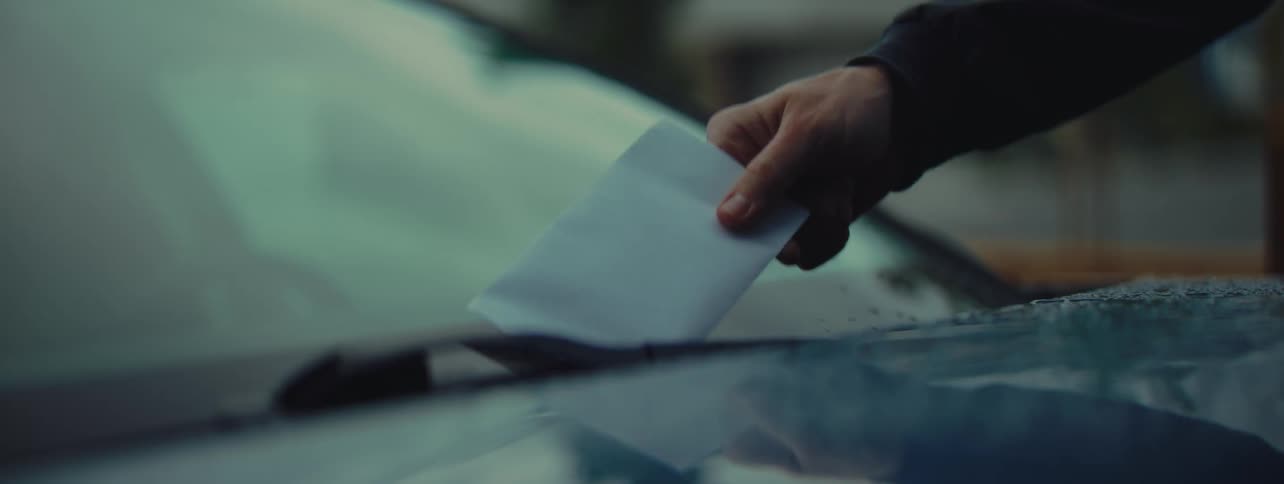 Hand picking up a white envelope from under the windshield wiper on a wet car