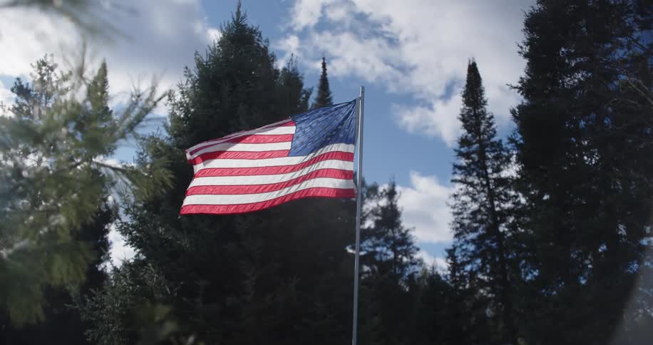 An american flag waves on a flagpole beside tall trees under a partly cloudy sky