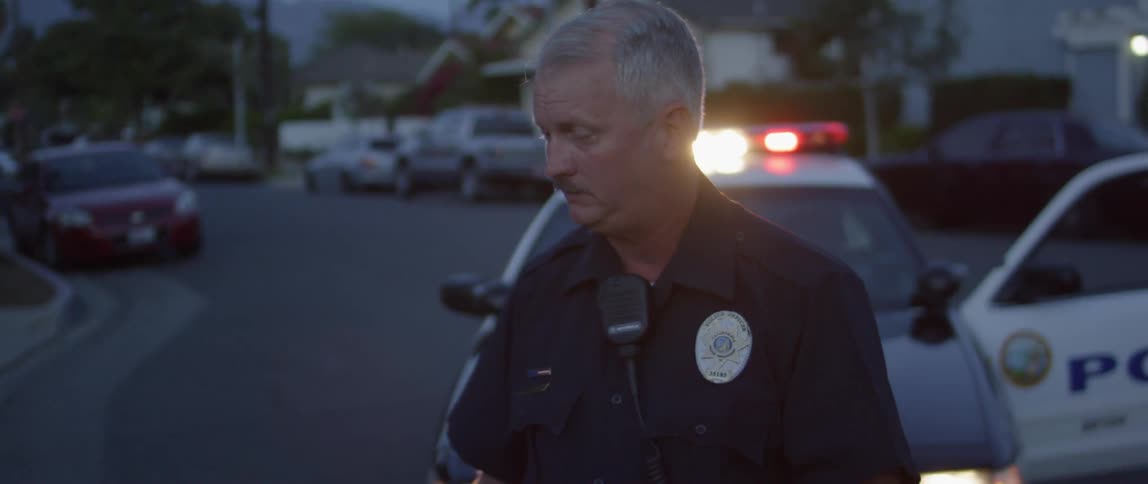 A police officer stands in front of a cop car with flashing lights