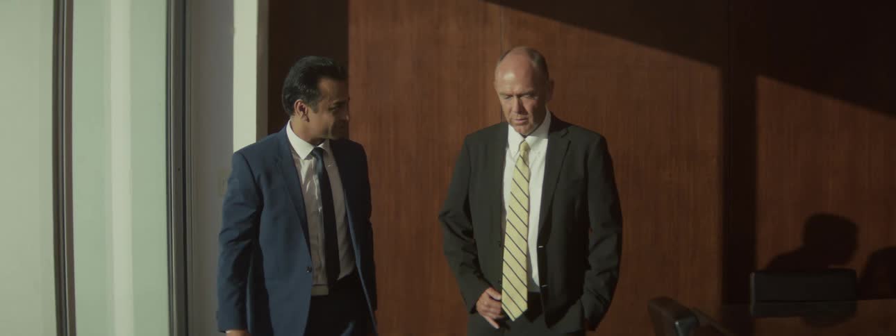 Men walking side by side in a corporate setting
