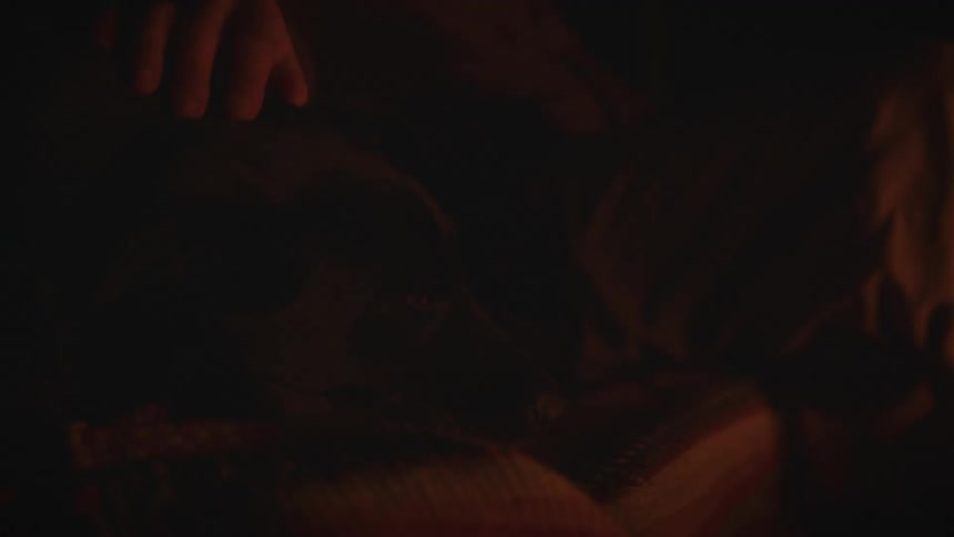 Hand resting on a lying dog in a dark setting with warm light