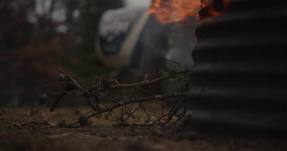 Flames flicker and smoke rises from a dark metal barrel in the woods with dry branches and pinecones scattered on the ground nearby