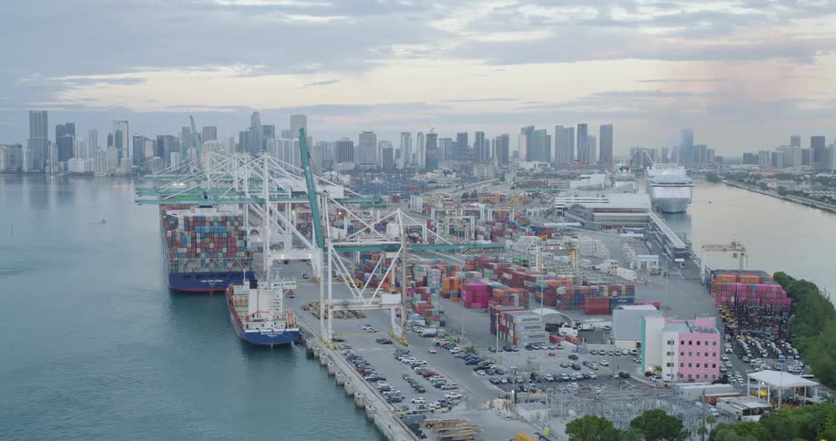 A major coastal citys busy port showing multiple large container ships docked alongside the pier being serviced by gantry cranes with thousands of cargo containers stacked against the backdrop of the extensive downtown skyline
