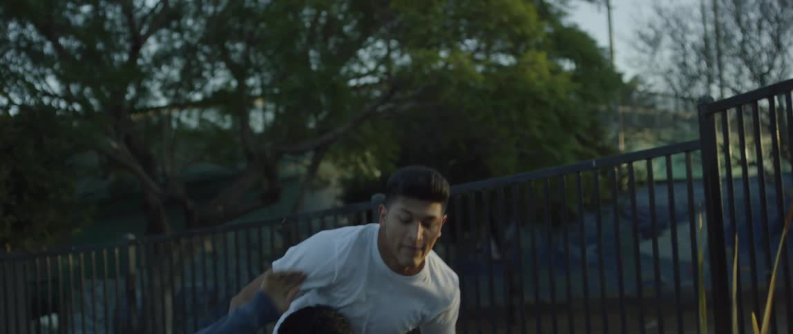 A group of young men fight outside on a sunny day