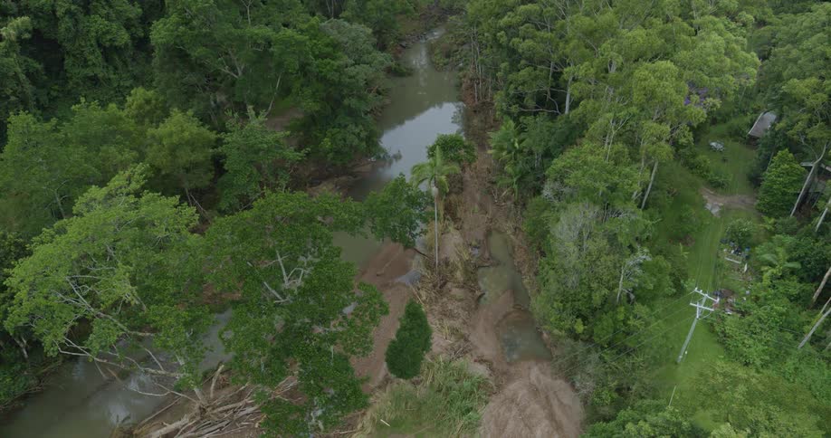 Forest area shows a narrow watercourse with damaged banks and vegetation affected by flooding