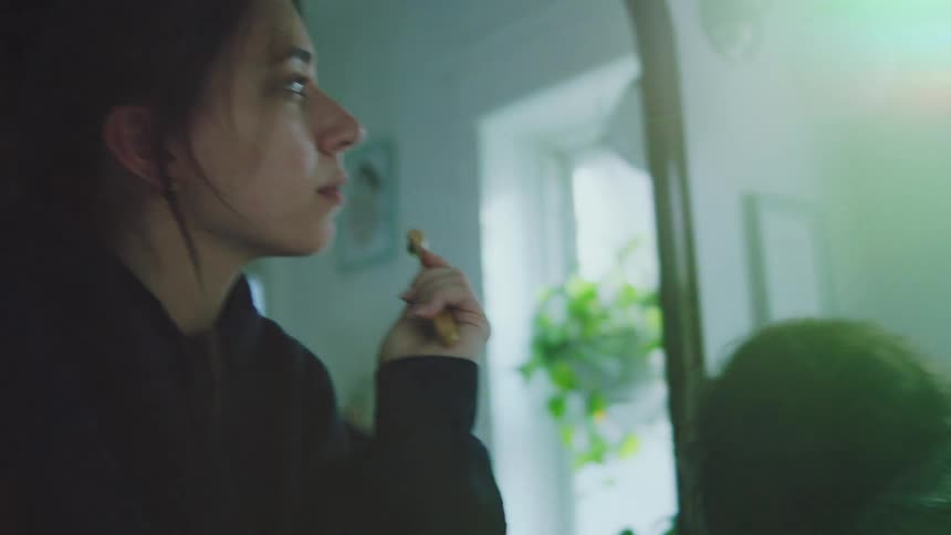 Two people brushing teeth side by side in lit bathroom with mirror window and plants