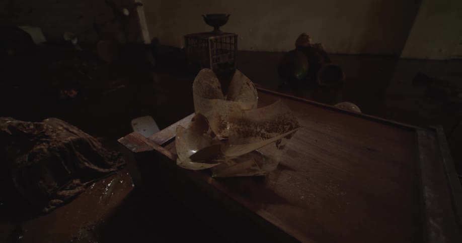 Broken object rests on wooden table in dark setting