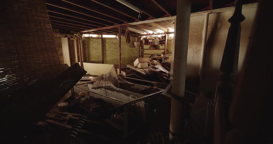 Cluttered basement interior with stacked objects exposed beams and low lighting