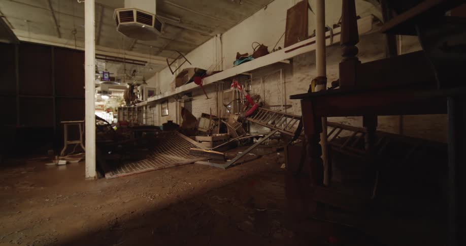 Scattered items cover muddy floor of workshop with damaged furniture and exposed piping