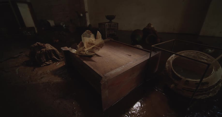 Flooded interior room with furniture objects and standing water on the floor