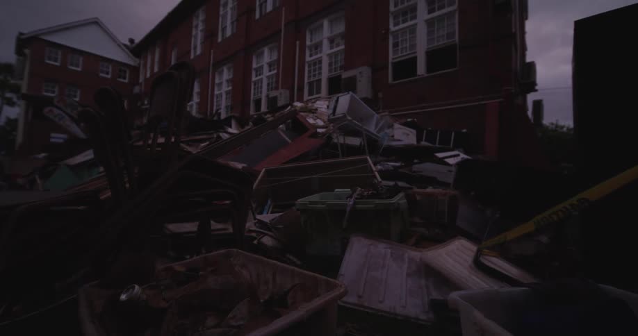 Debris piled beside brick building with yellow caution tape visible on the right