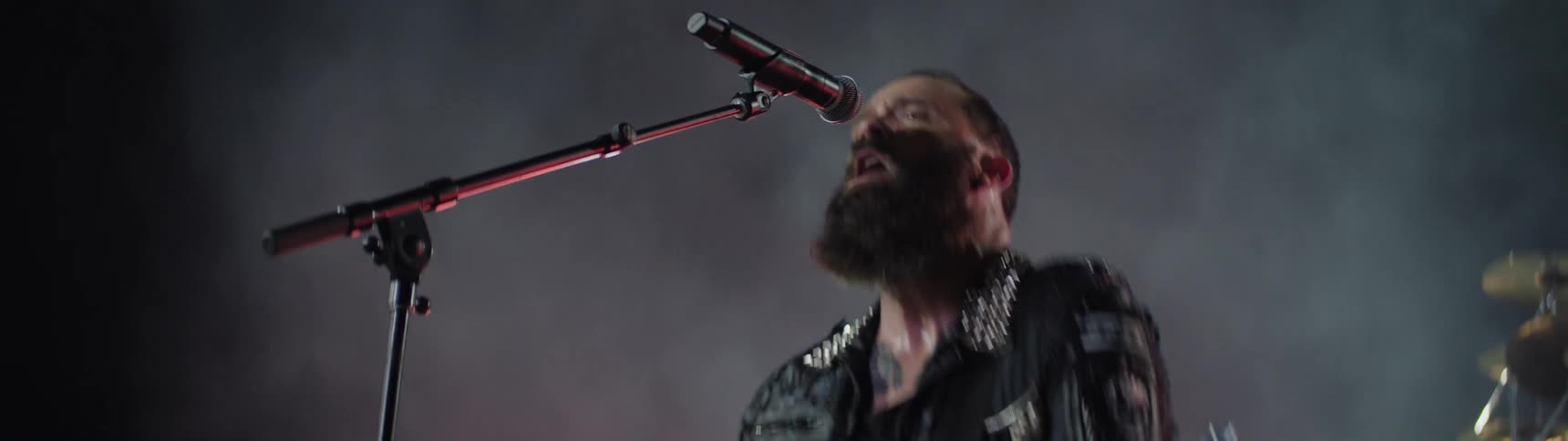 Bearded man playing electric guitar and singing into a microphone next to another guitar player at a stage on a rock concert outdoors during night time