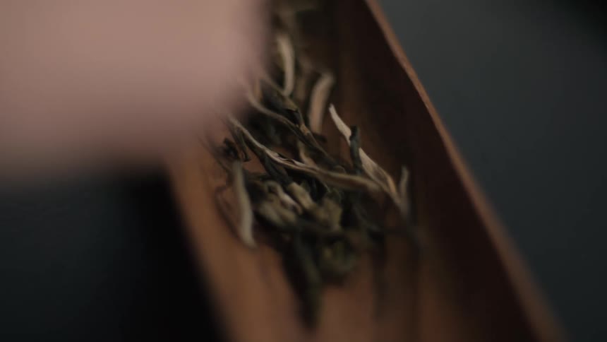 A small amount of pale silverygreen dried leaves and buds nestled within a narrow obliquely angled brown container