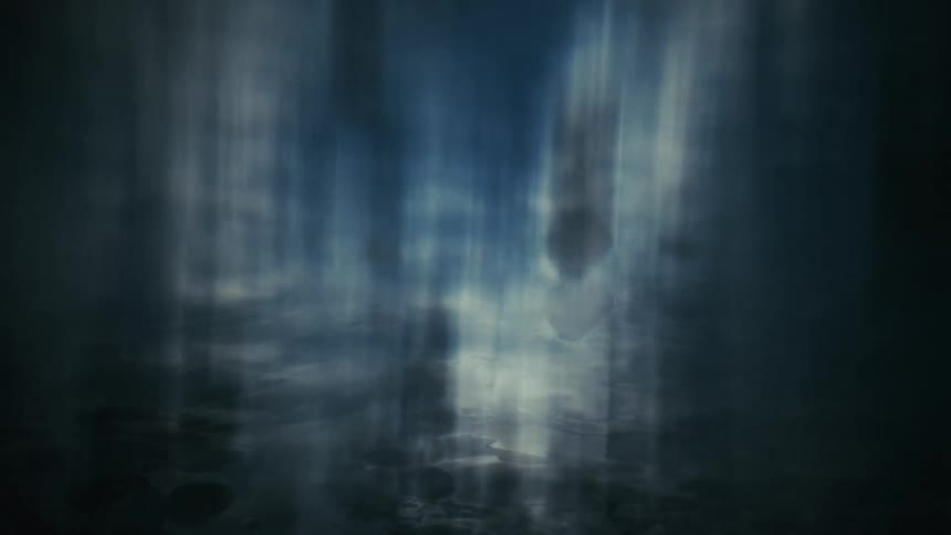 Soft vertical beams of bluegray light descend through a misty abstract space reflecting off a dark rippling surface below and creating a tranquil ethereal atmosphere