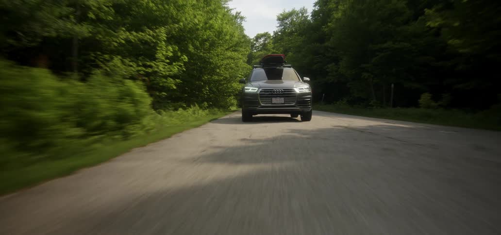 A vehicle drives on a road lined with trees