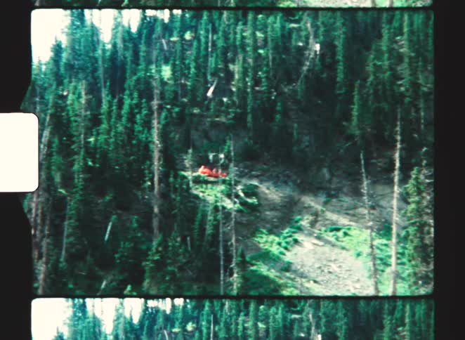 Red colored vehicle moves up a conifer covered mountain during the daytime