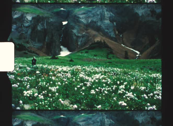 Person in field in front of rocky mountains with patches of snow