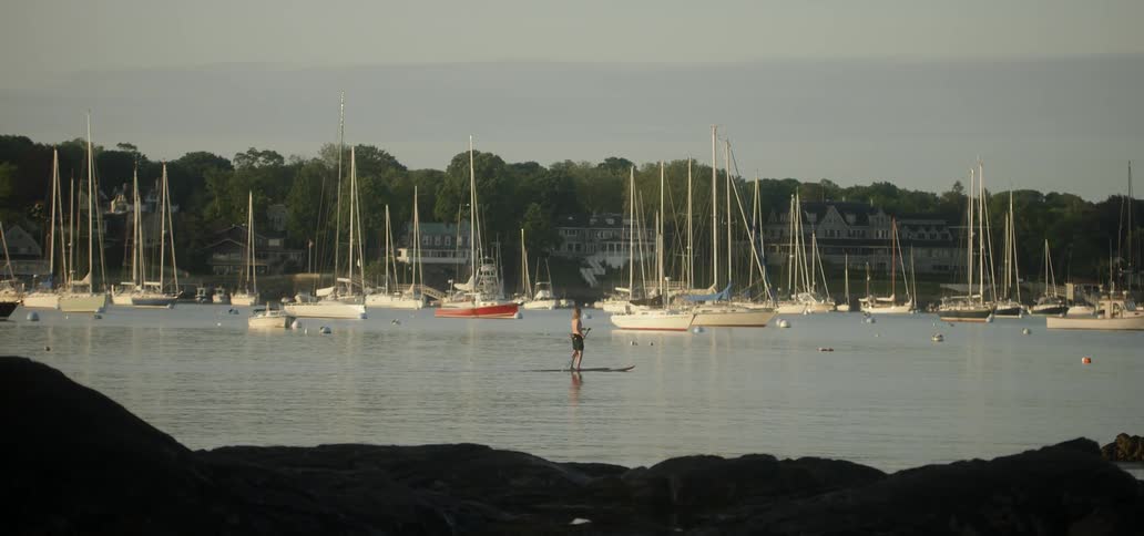 A man floats on a paddle board in a marina