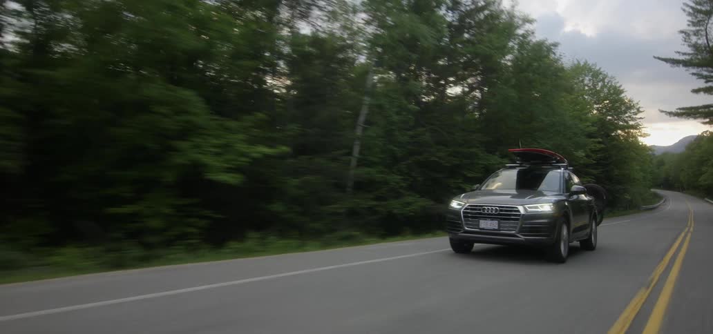 Car speeds down a tree lined road