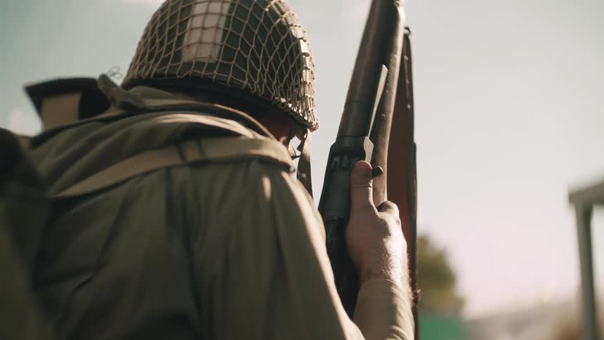 A soldier viewed from behind walks forward while holding a rifle and wearing a helmet with netting and a heavy pack in a bright dusty setting