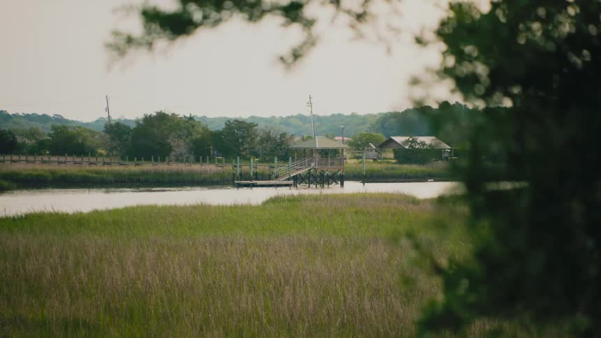 Dock with ramp surrounded by vegetation on riverbank in wooded rural area