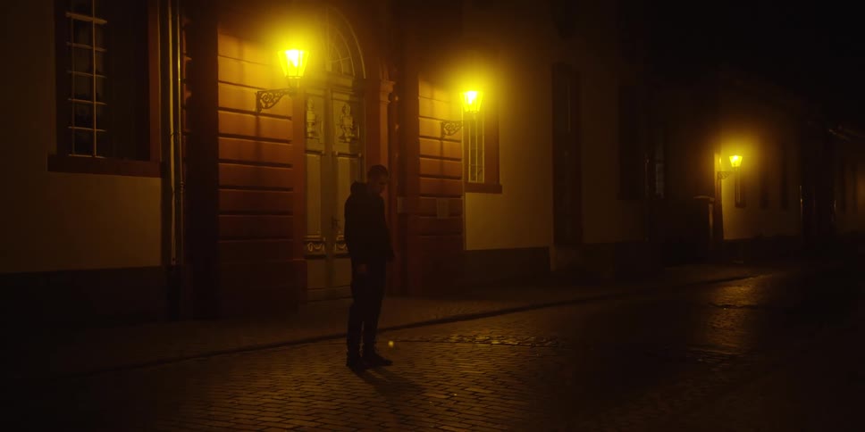 Man stands still on a cobblestone street lit by streetlights at night
