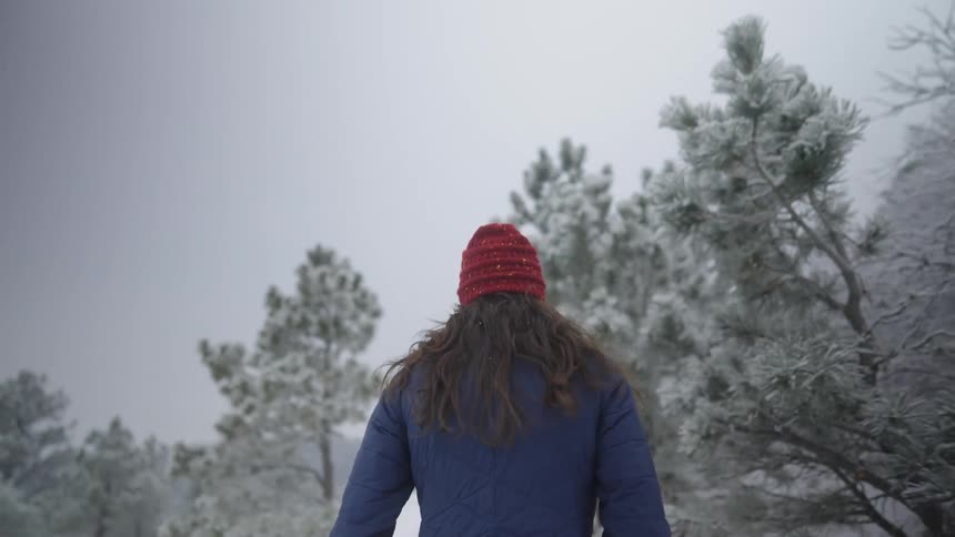 Woman walking along a snowcovered trail among frozen trees