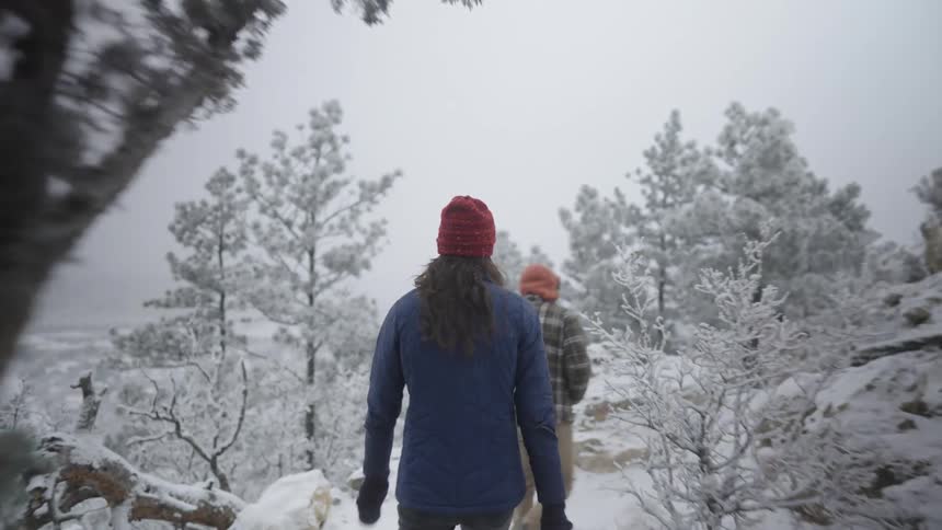 Two people walking along a snowy trail among icecovered trees
