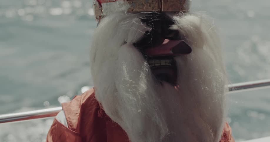 A person wearing a traditional king costume with a long white beard and a crown sits on a boat the water ripples in the background as the figure remains still facing toward the camera
