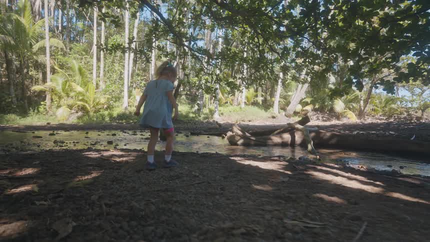 Little girl standing on rocks under a tree as she plays along the coast