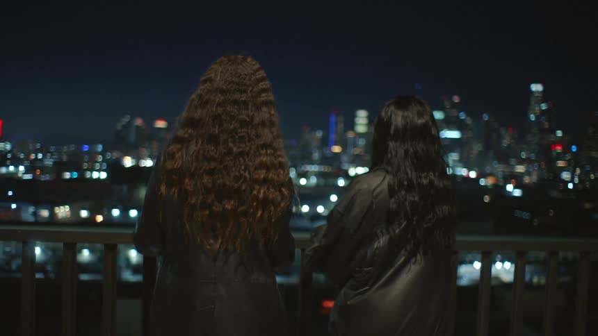 People view illuminated city from elevated platform at night