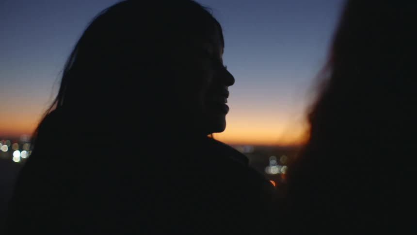 The silhouette of a person talking to someone who is next to them and in front of them against the blue sky at dusk