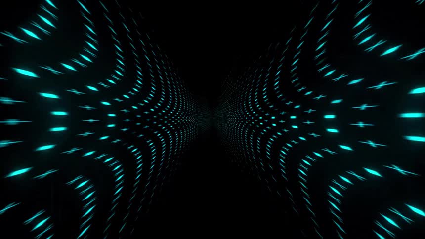 Luminous blue light patterns form two symmetrical curved structures that appear to pulse and move through a dark space this abstract animation creates a sense of depth and speed resembling a futuristic digital tunnel or data stream
