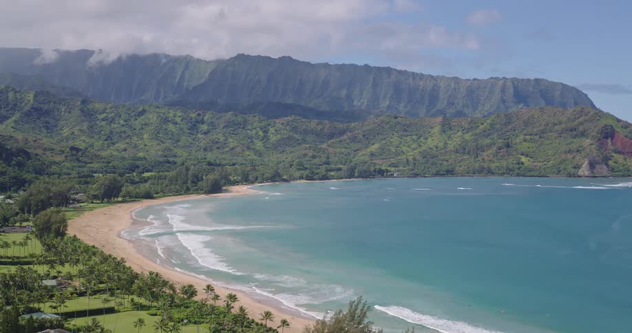 Shoreline lined with vibrant green vegetation with a mountain range rising in the background under clear sunny skies