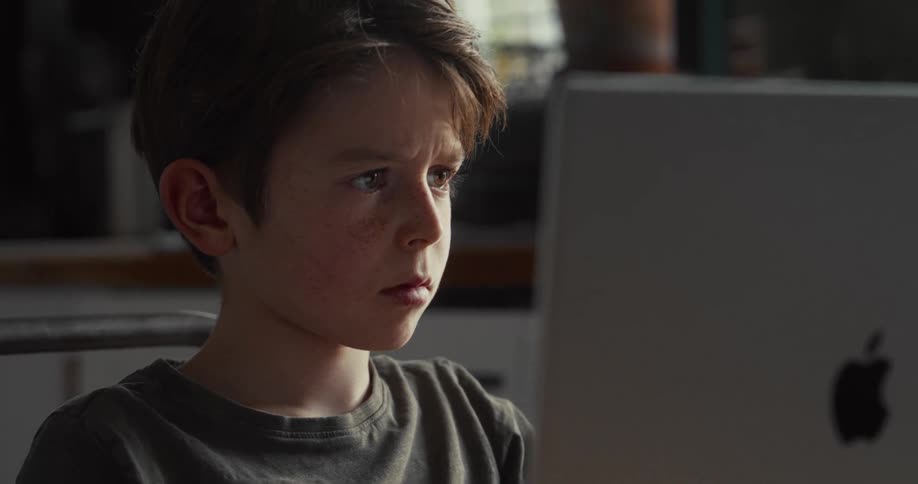 The boy is reading his laptop