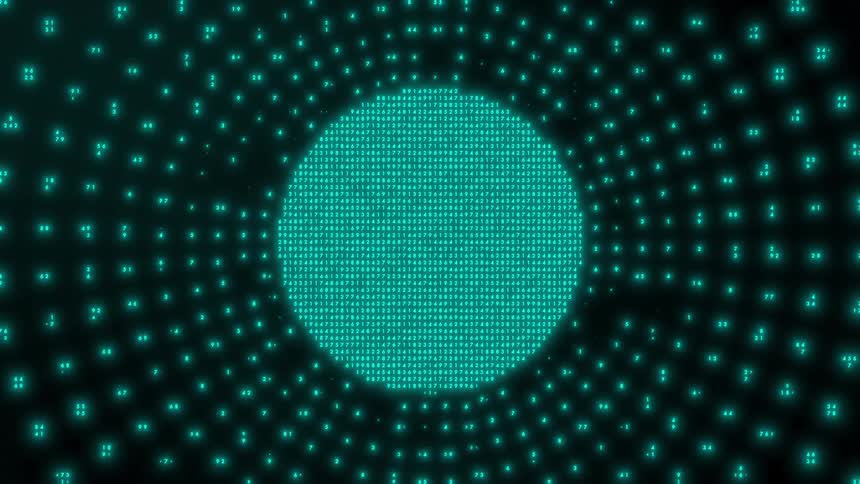 A digital animation of a bright turquoise circle filled with glowing numbers surrounded by concentric rings of smaller numeric data points that pulsate against a dark background