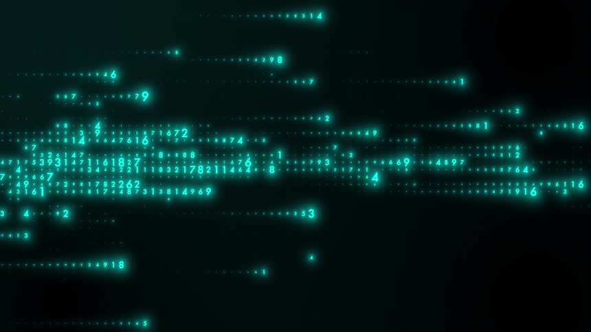 A series of glowing teal numbers and dots stream horizontally across the screen mimicking the look of flowing computer code or a highspeed data transmissionthe characters vary in brightness and size with a soft motion blur effect that creates a sens