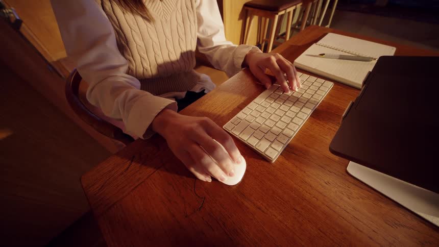 A person using a mouse and keyboard at a desk with a computer in front of them working in the bright light of midday