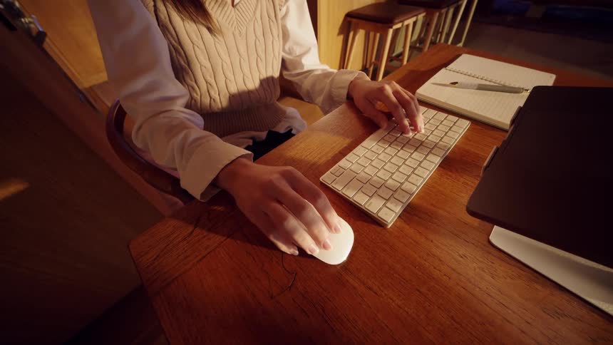 Person uses a mouse and keyboard on a wooden desk beside a laptop and a notebook
