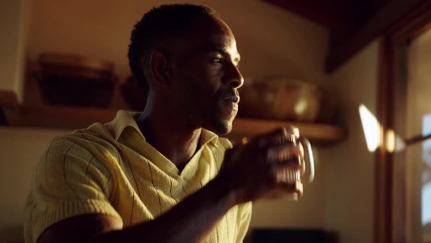 The man drinks coffee at home and smiles