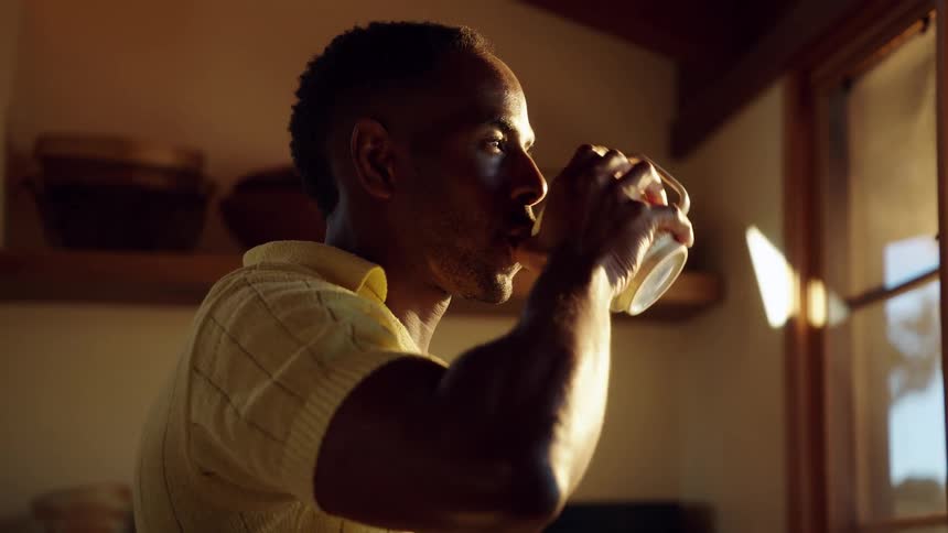 A black man stands in his kitchen while drinking from a coffee mug