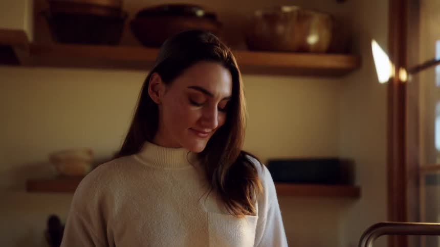 A woman picks up a mug from a wooden countertop and stands in a sunlit kitchen looking out a window with a thoughtful expression while golden morning light illuminates her face and the rustic interior