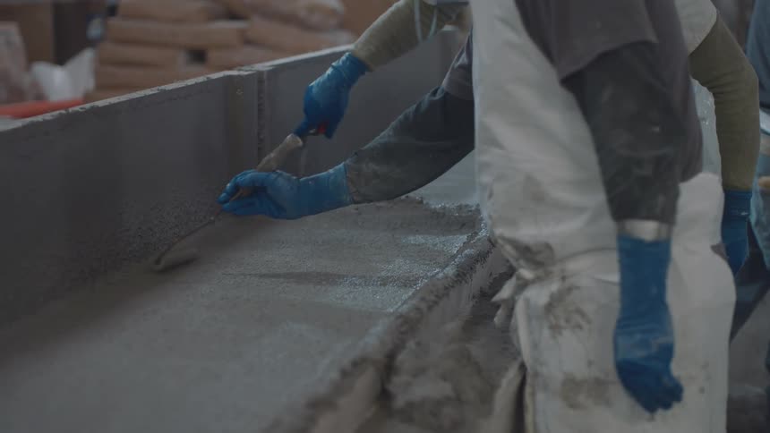 Two workers wearing white aprons and blue gloves use small rollers to smooth wet concrete inside a long industrial mold at a manufacturing facility