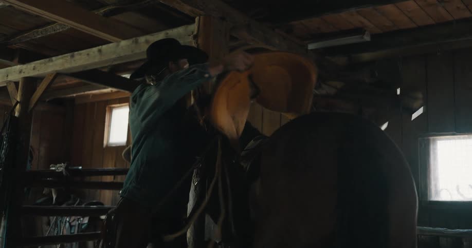 Person adjusts a saddle on a horse inside a wooden stable