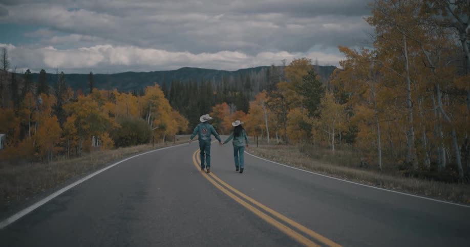 Man and woman hold hands as they walk across a rural highway