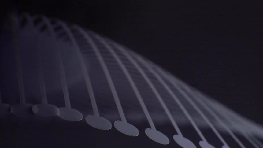 Closeup of thin white rods with circular bases arranged in a repeating pattern against a dark background