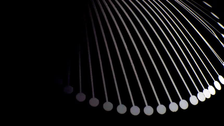 Parallel lines curve and converge toward bright circular points against a dark background