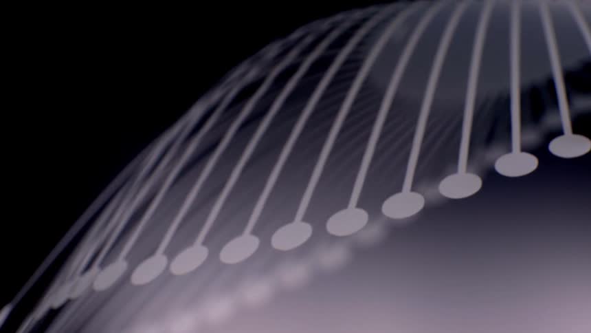 A series of white lines tipped with circular nodes that curve gracefully across a dark spherical surface to create an abstract digital pattern