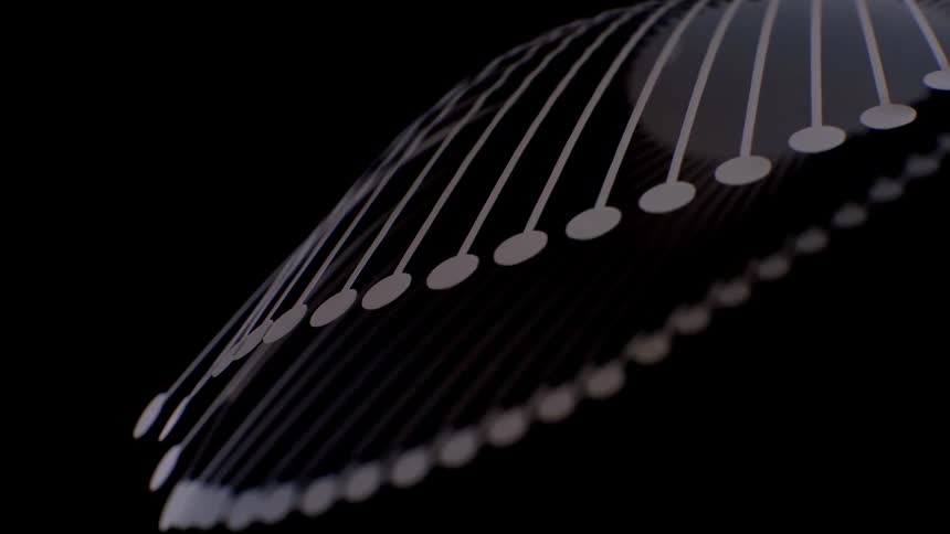 White abstract geometric lines with circular ends form a curved structure against a dark background in a close view